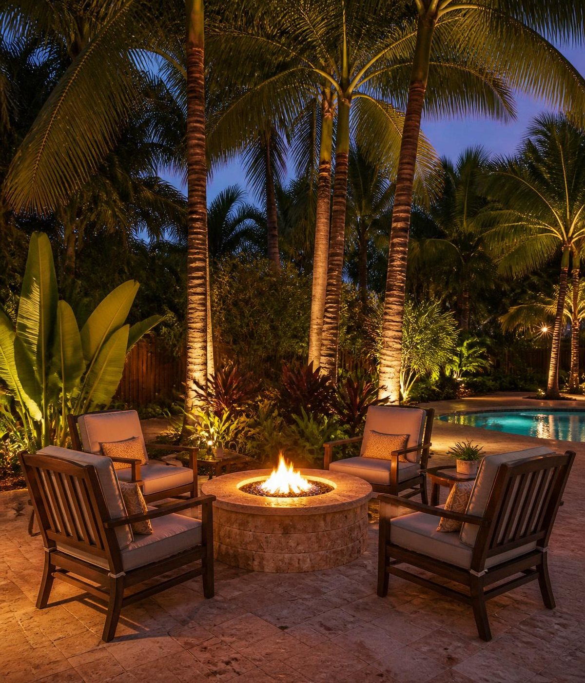 Coral stone patio with a fire pit surrounded by palms
